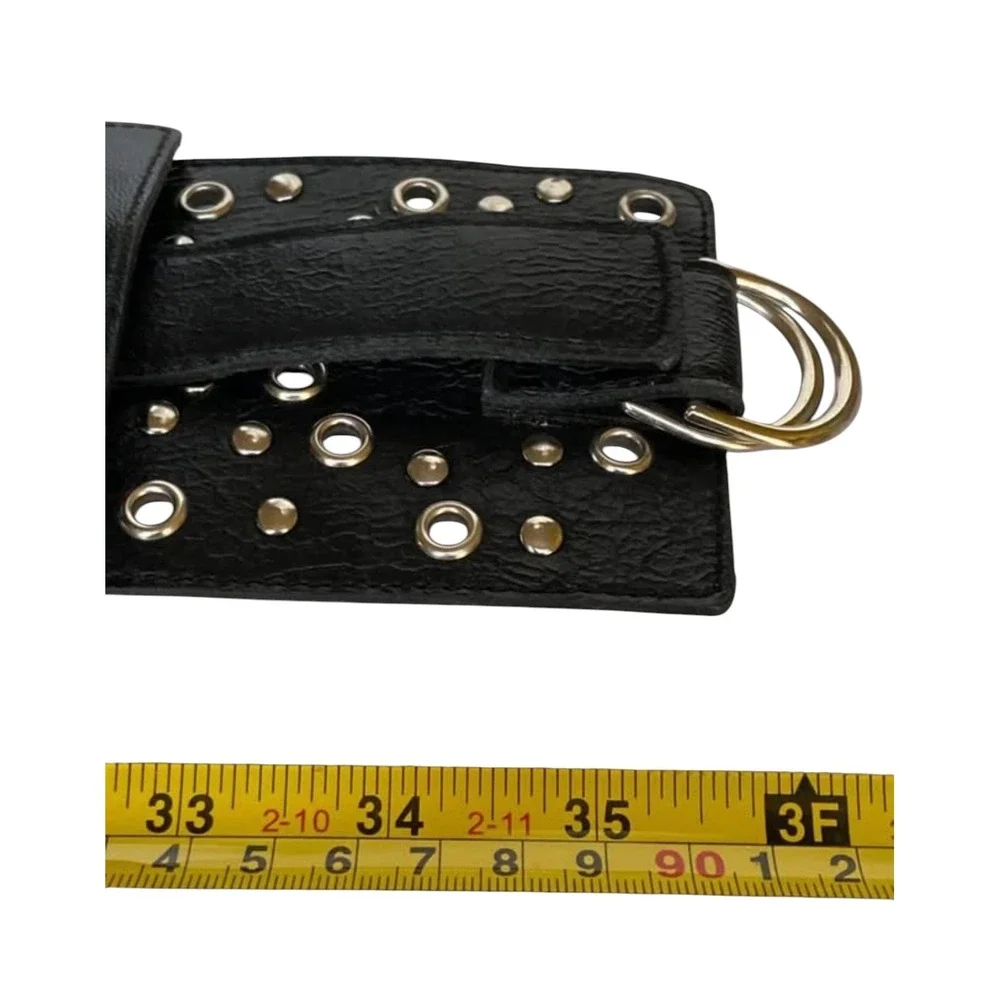 Holy Mama Black Wide Studded Grommet Waist Belt Silver D-Ring Buckle 35
